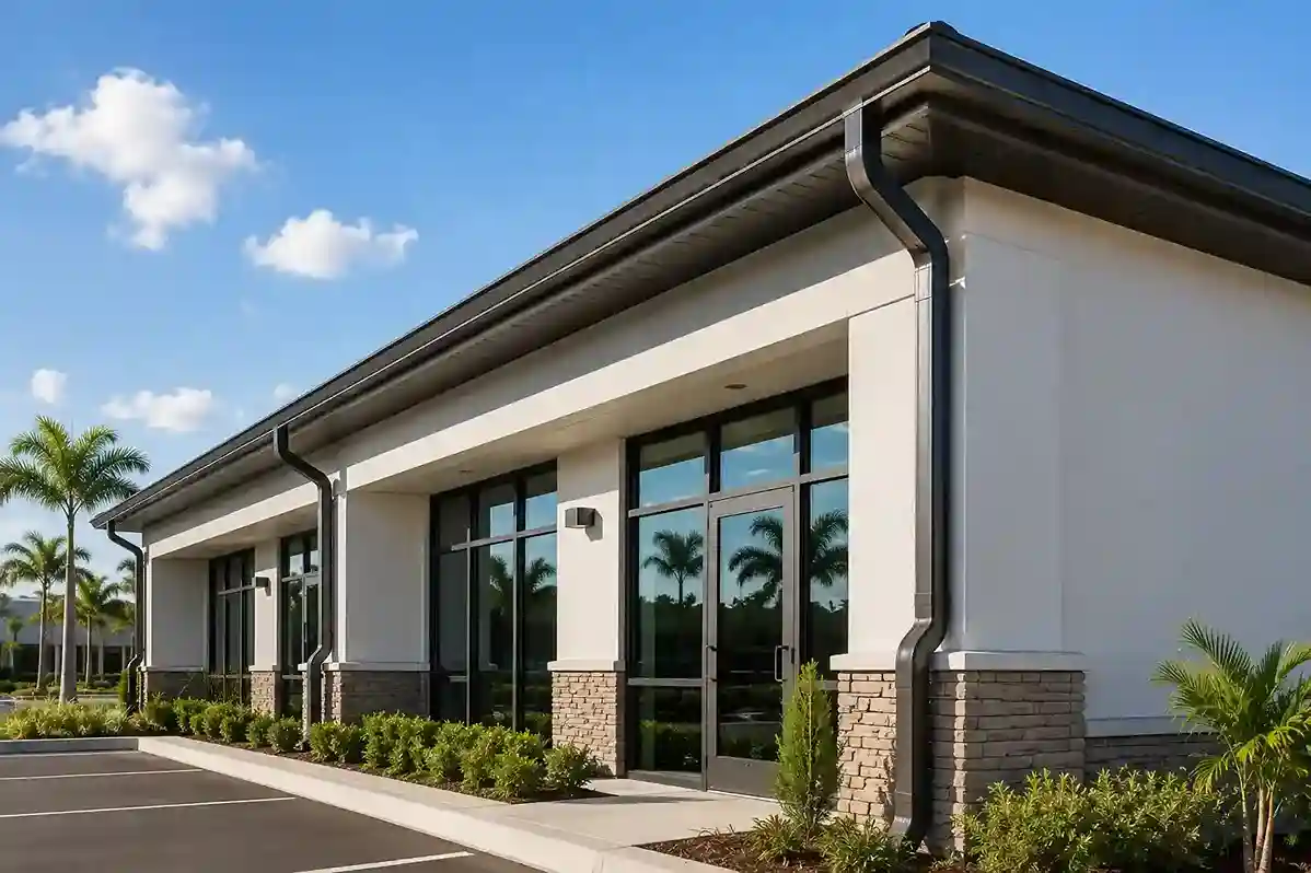 Heavy-duty commercial gutter system on a Lakeland storefront.