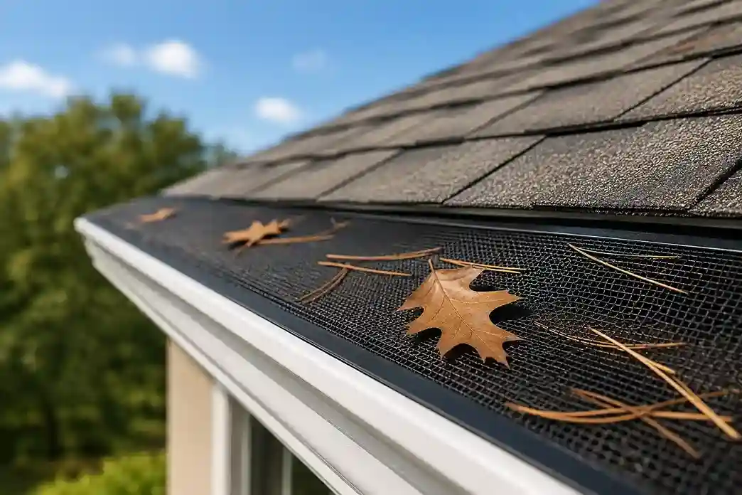 Micro-mesh gutter guards keeping debris out of a residential gutter.