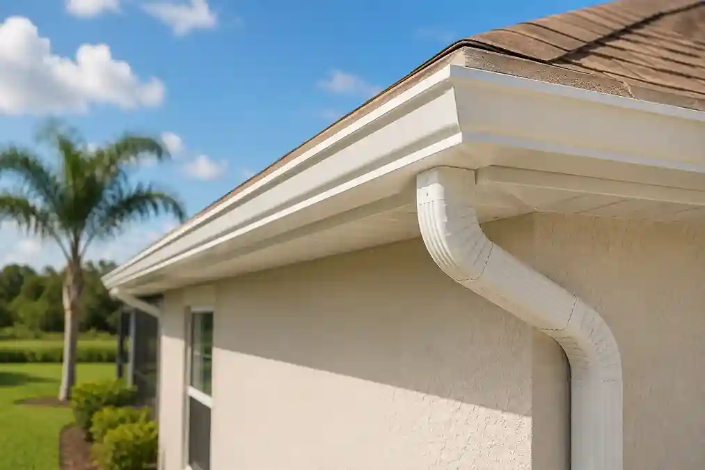 Seamless aluminum gutters installed along a Polk County home's roofline.